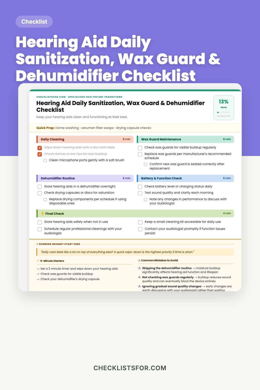 Hearing Aid Daily Sanitization, Wax Guard & Dehumidifier Checklist