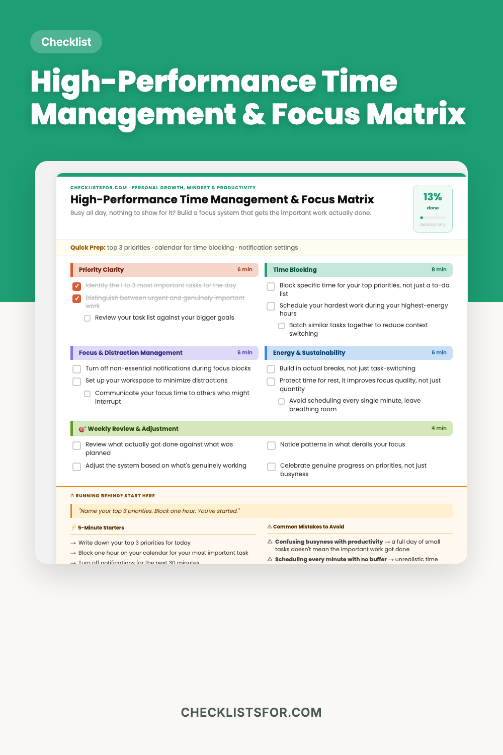High-Performance Time Management & Focus Matrix cover, interactive checklist