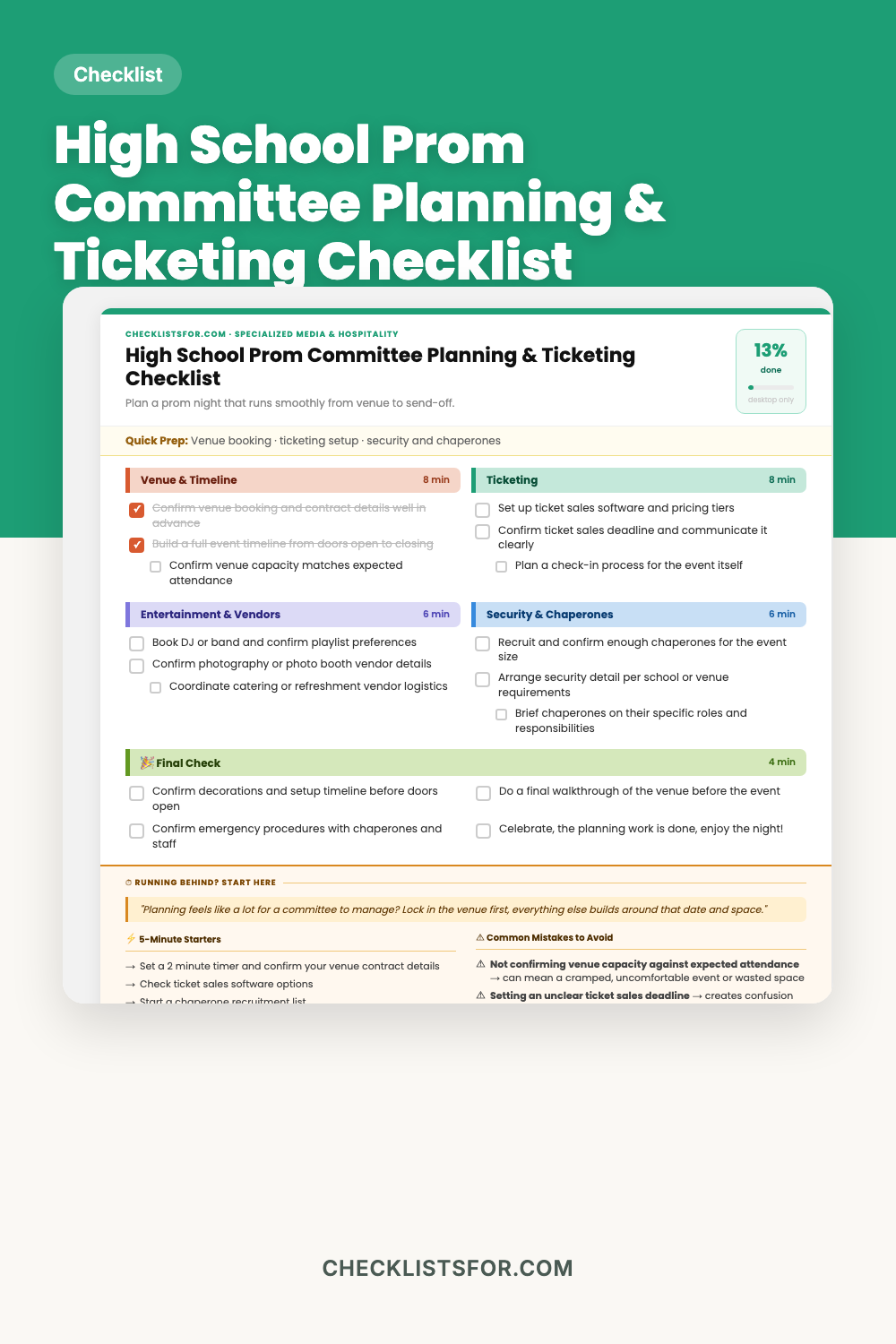 High School Prom Committee Planning, Venue & Ticketing Timeline Checklist cover