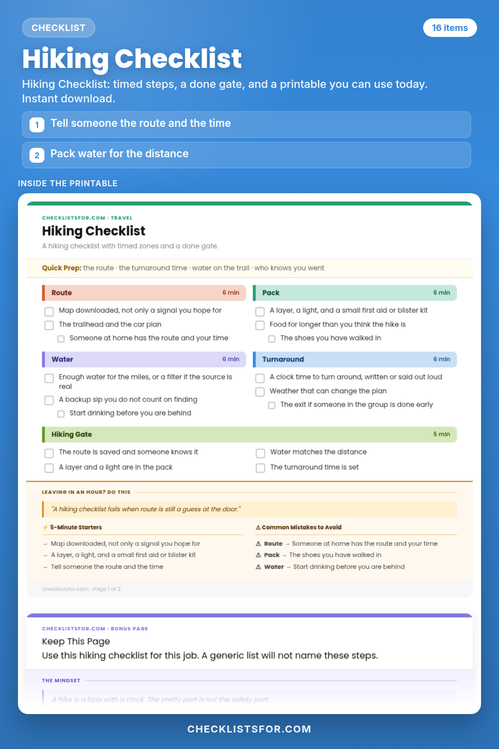 Hiking Checklist cover, interactive checklist