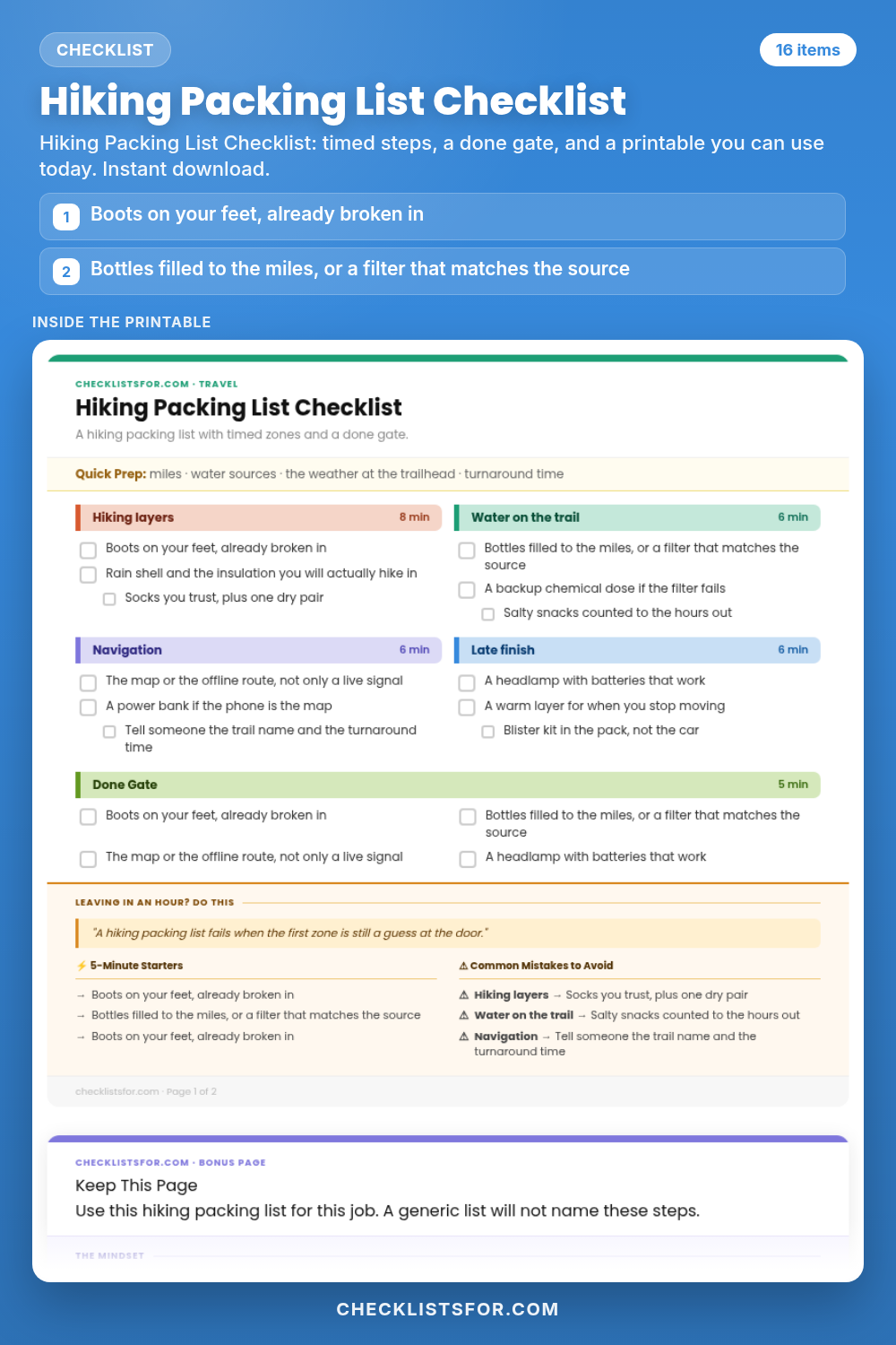 Hiking Packing List Checklist cover, interactive checklist