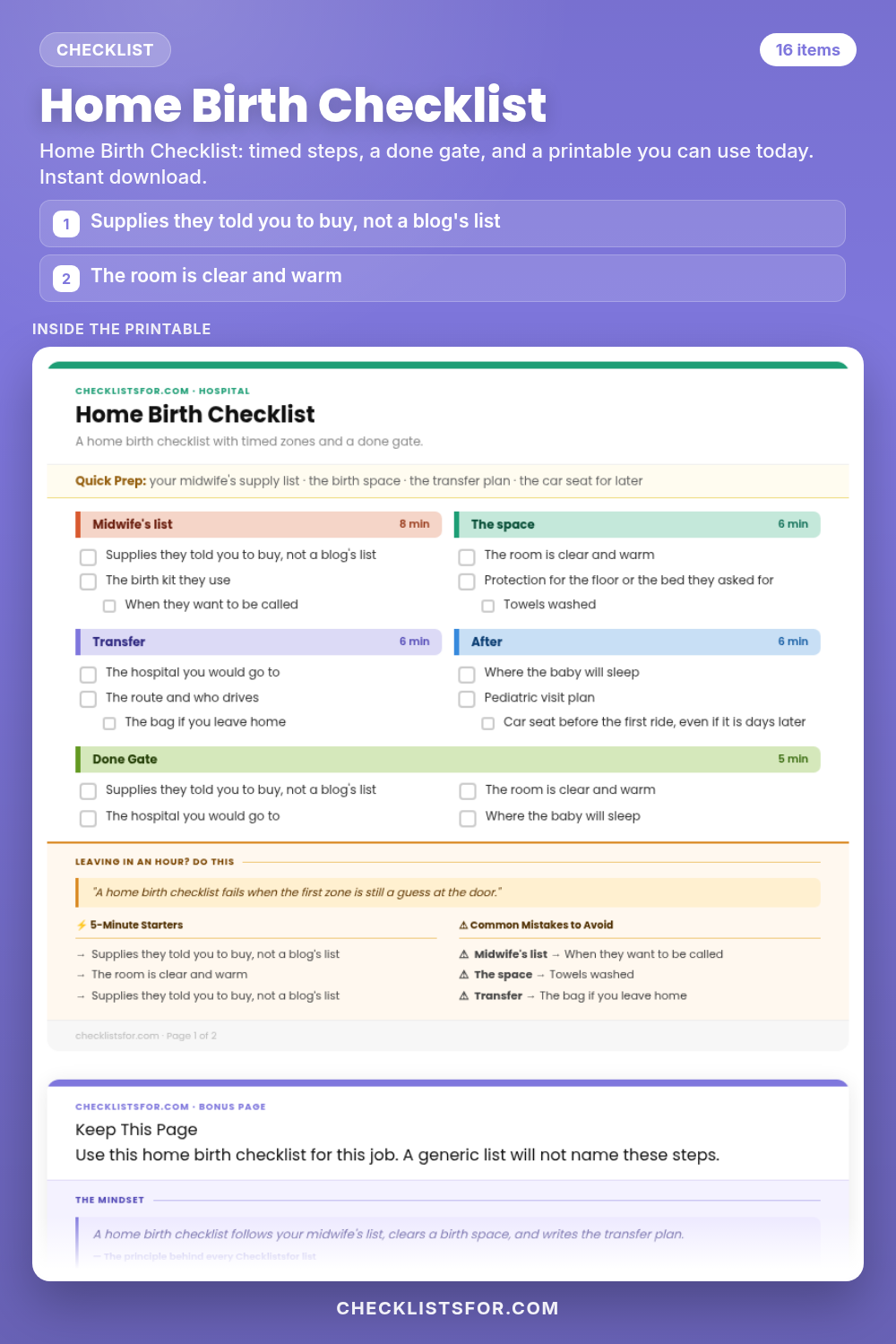 Home Birth Checklist cover, interactive checklist