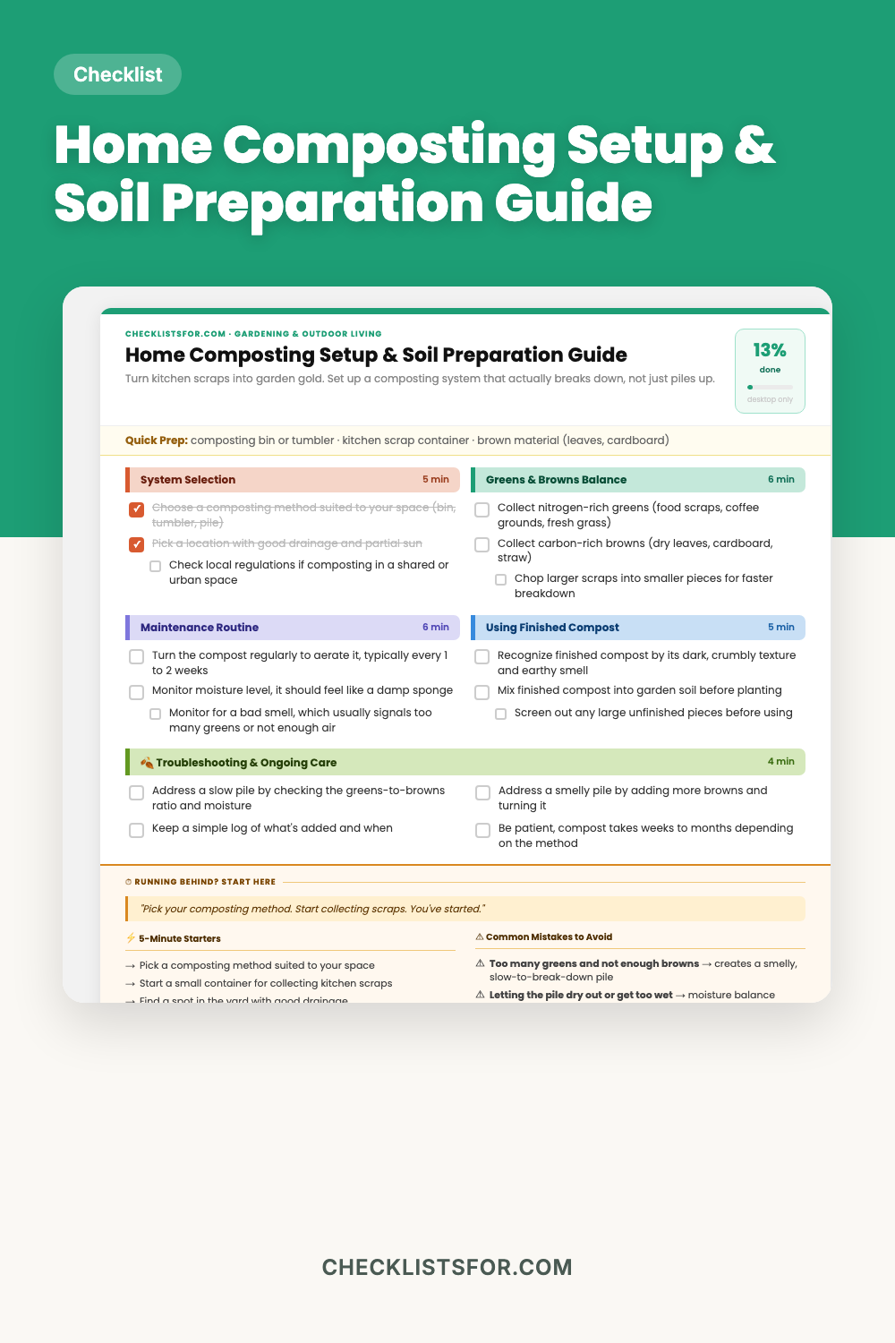 Home Composting Setup & Soil Preparation Guide cover, interactive checklist