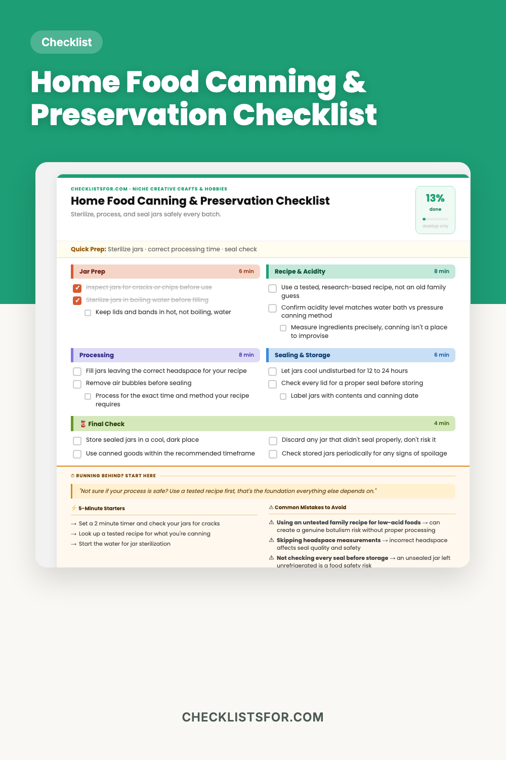 Home Food Preservation Canning & Jar Sterilization Protocol Checklist cover