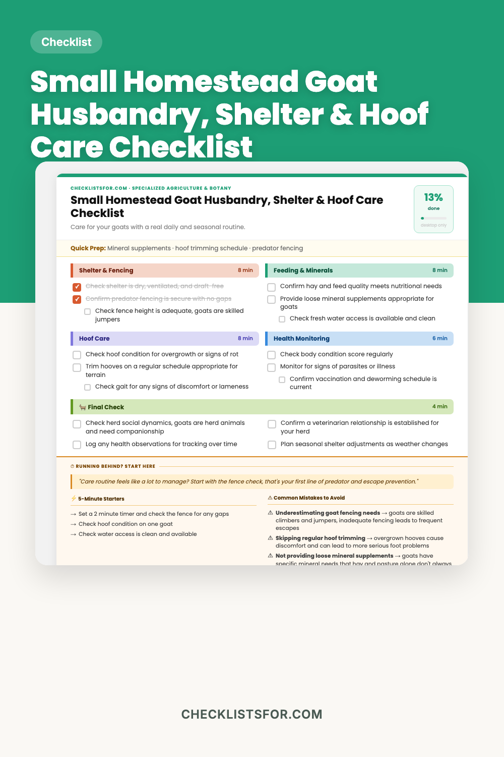 Small Homestead Goat Husbandry, Shelter & Hoof Care Checklist