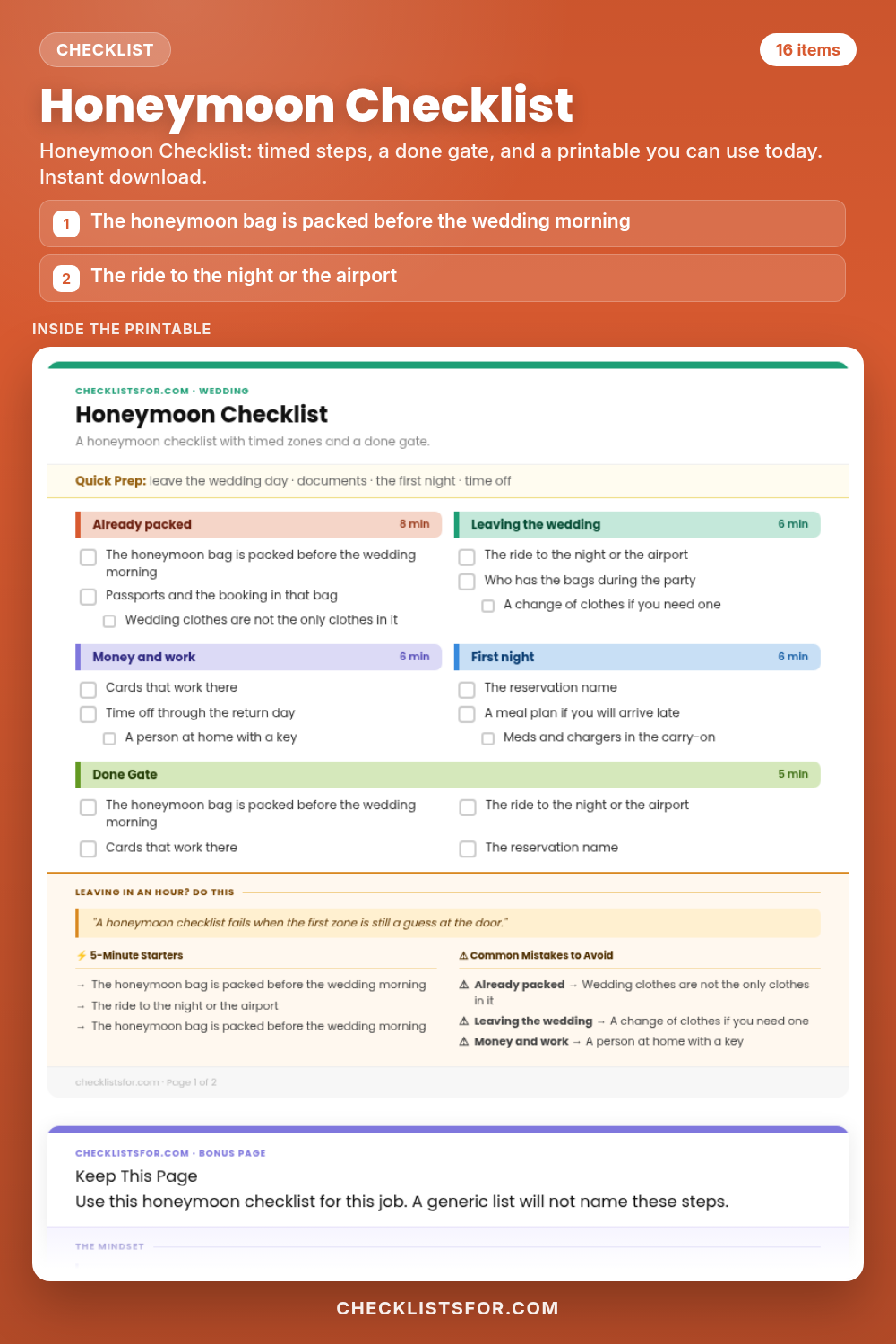 Honeymoon Checklist cover, interactive checklist
