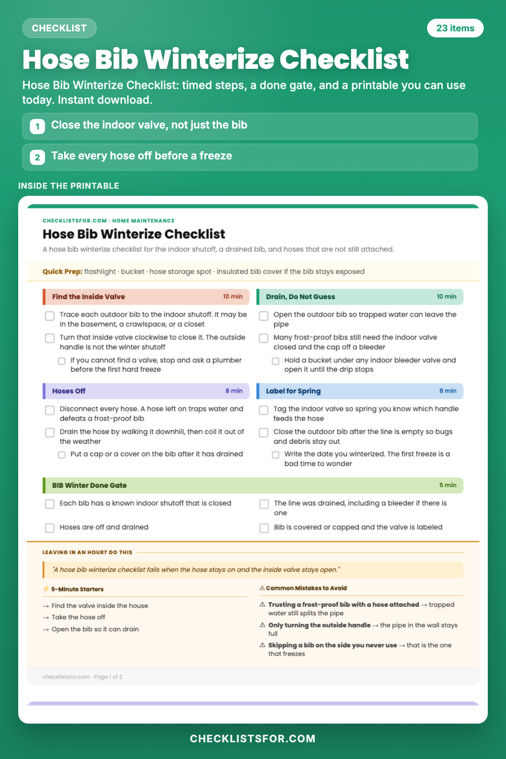 Hose Bib Winterize Checklist cover, interactive checklist