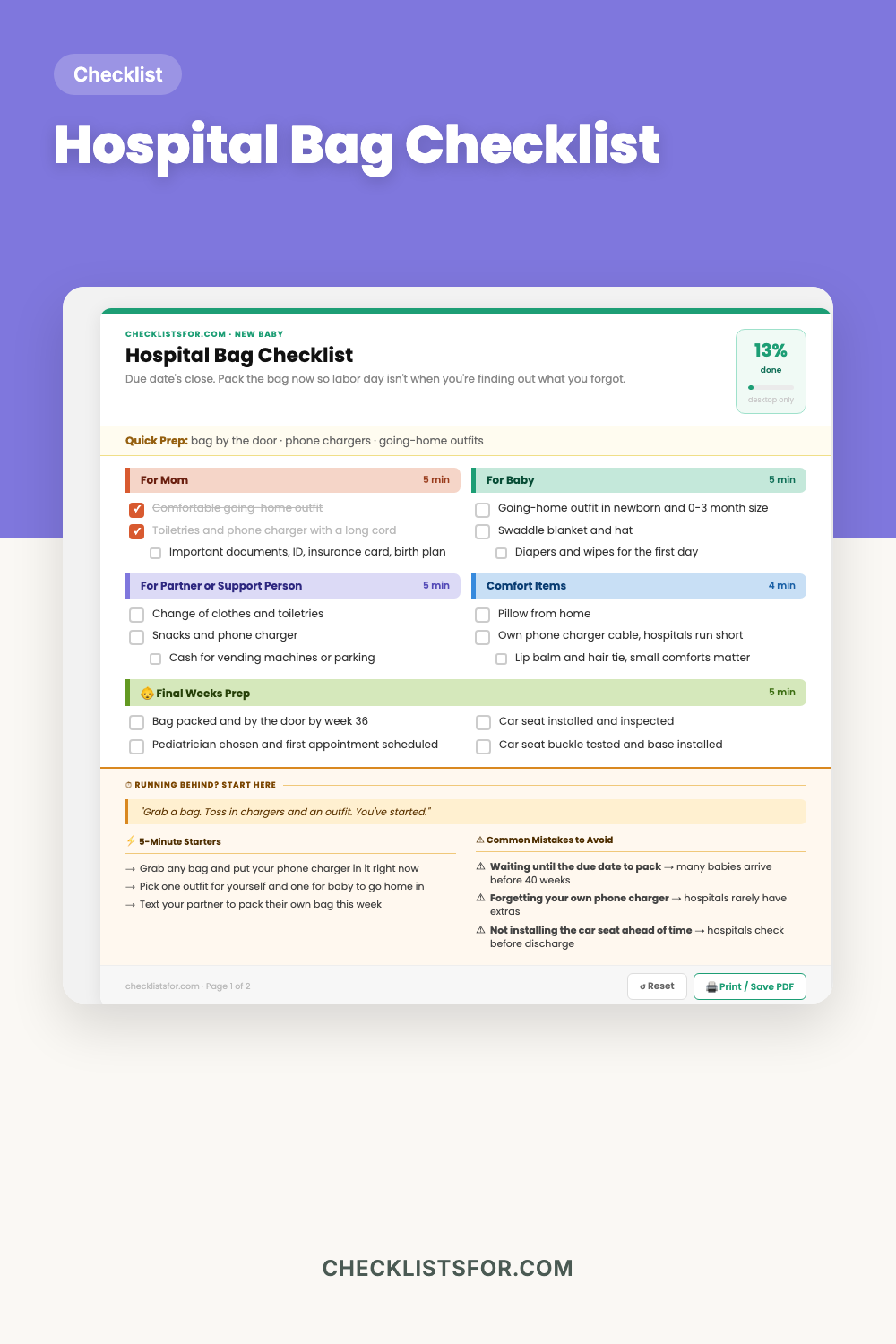 Hospital Bag Checklist cover, interactive checklist