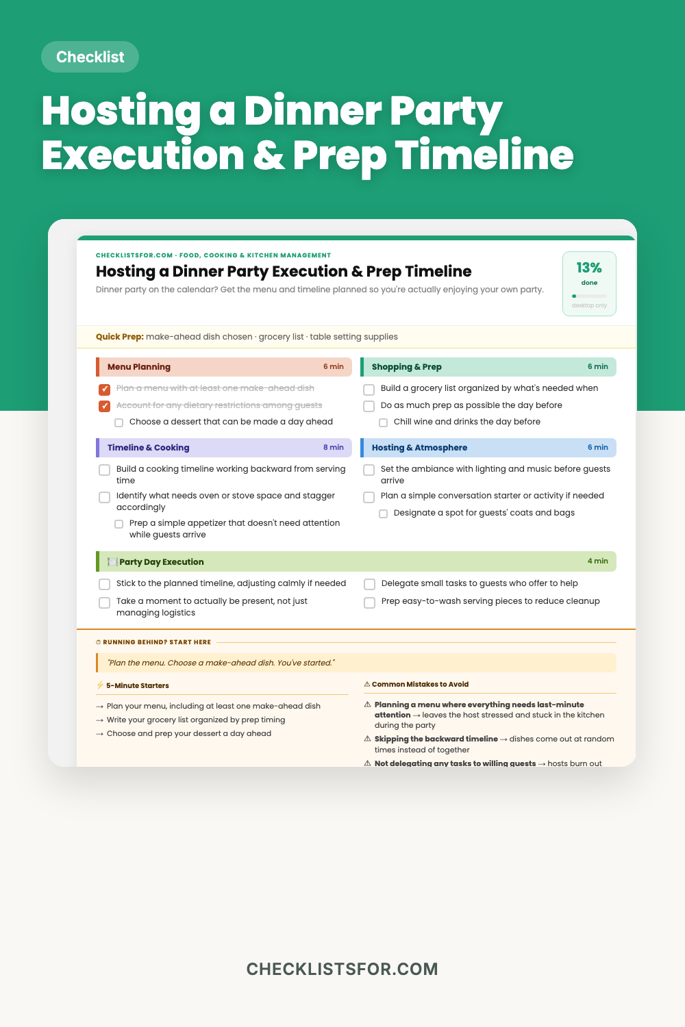 Hosting a Dinner Party Execution & Prep Timeline cover, interactive checklist