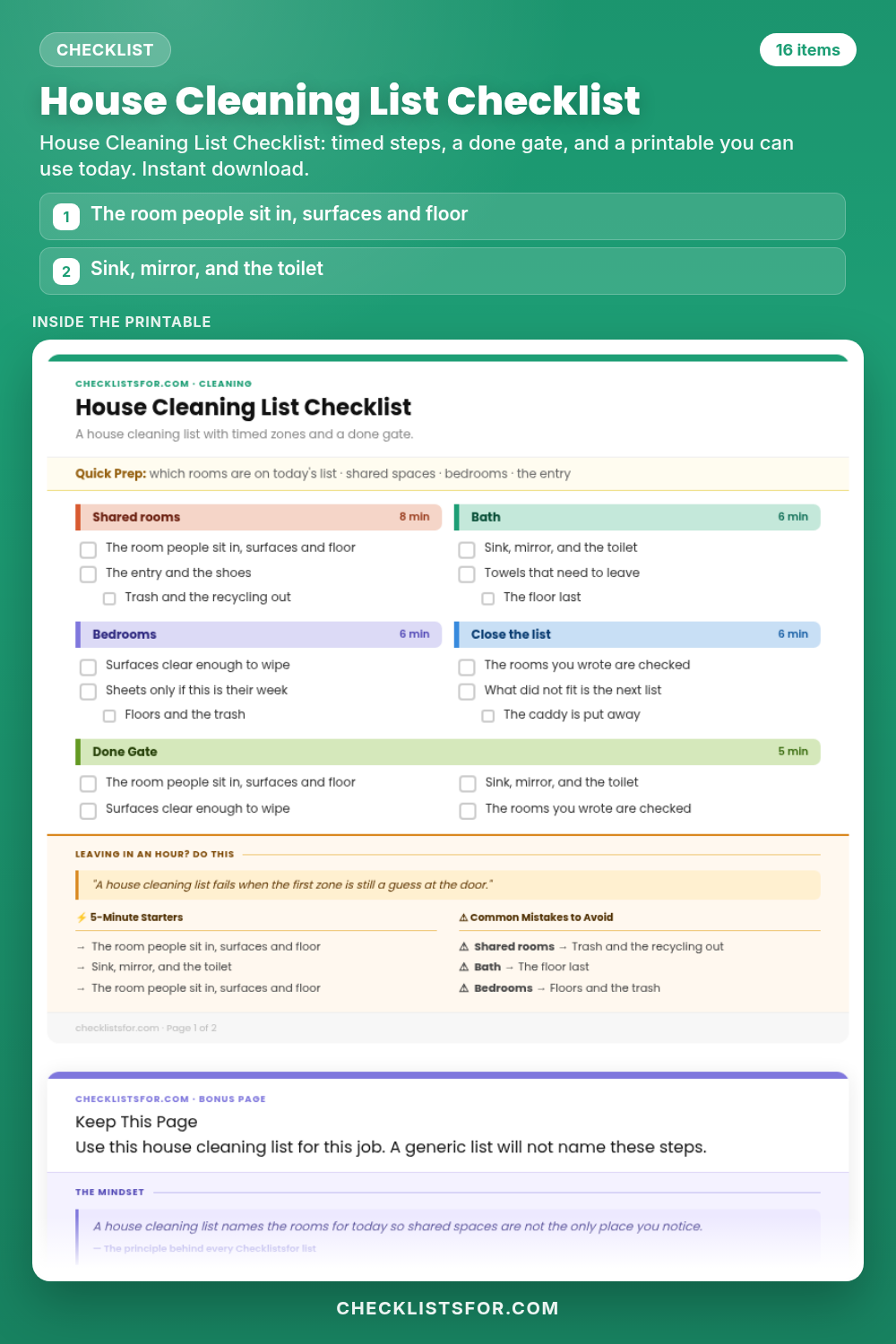 House Cleaning List Checklist cover, interactive checklist