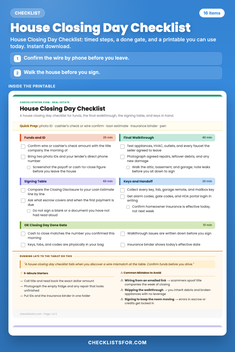 House Closing Day Checklist
