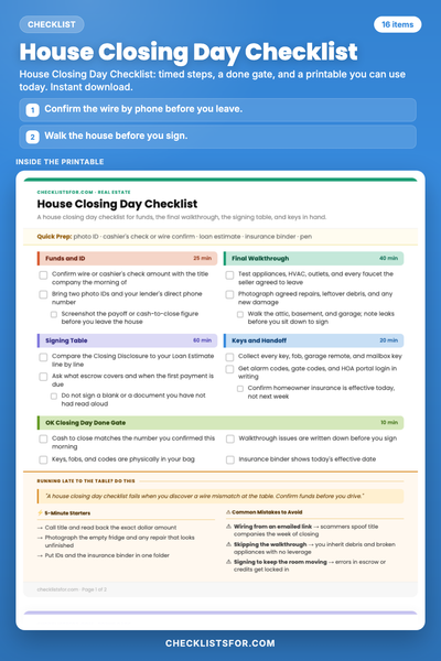 House Closing Day Checklist