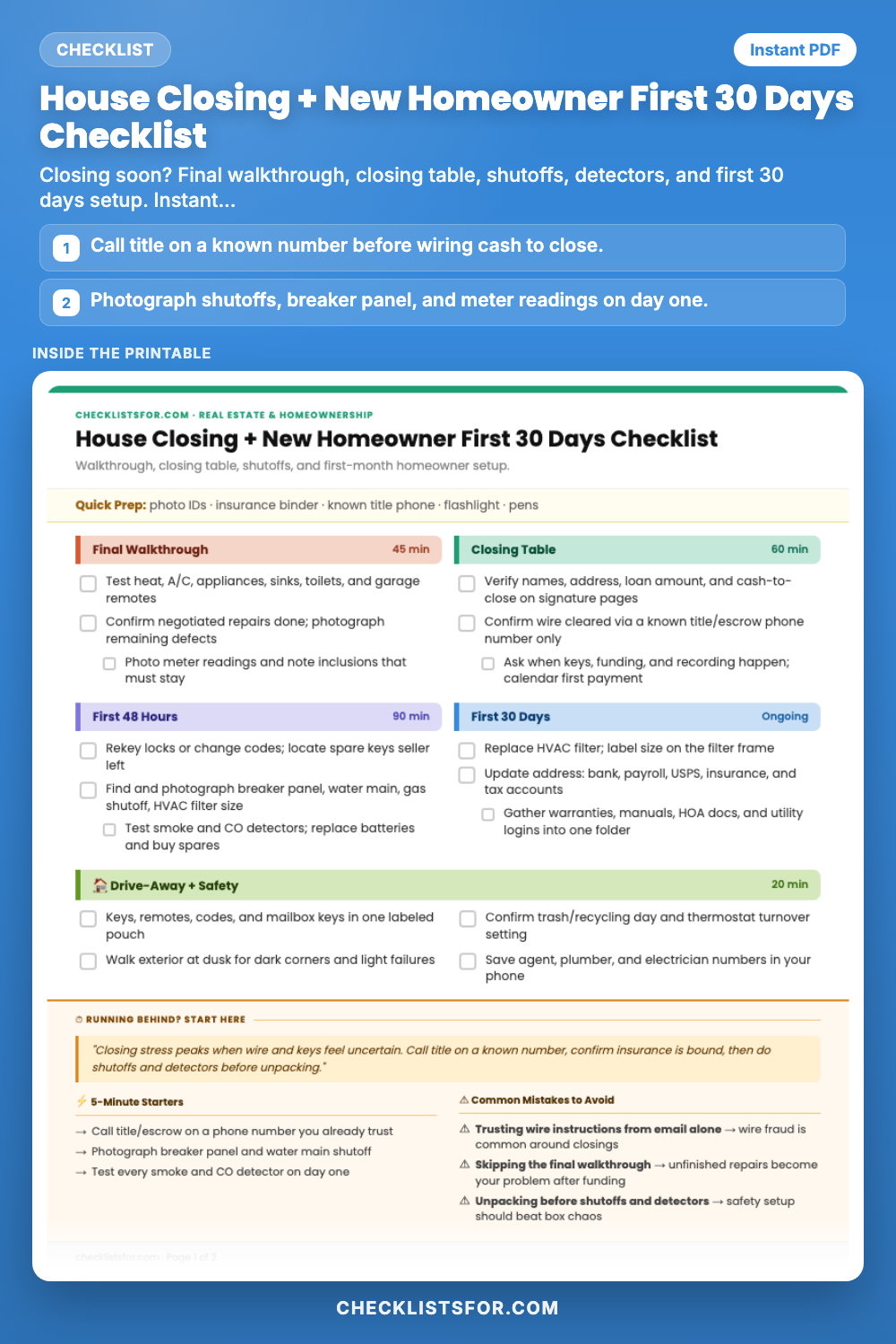 House Closing + New Homeowner First 30 Days Checklist