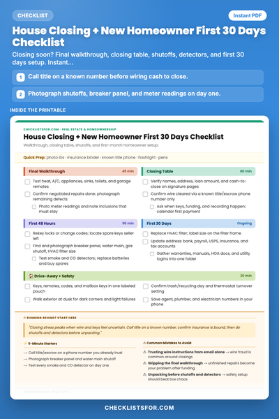 House Closing + New Homeowner First 30 Days Checklist