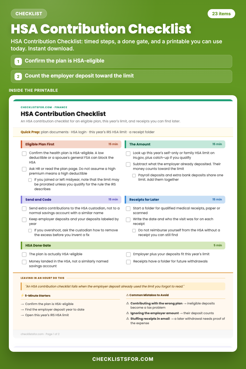 HSA Contribution Checklist cover, interactive checklist