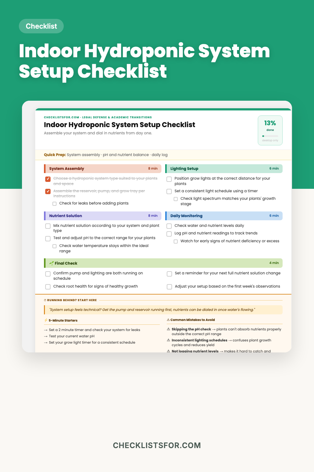 Indoor Hydroponic System Assembly & Nutrient Solution Log Checklist cover