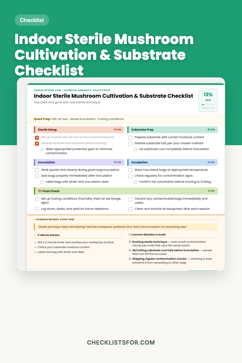 Indoor Sterile Mushroom Cultivation & Substrate Inoculation Checklist cover