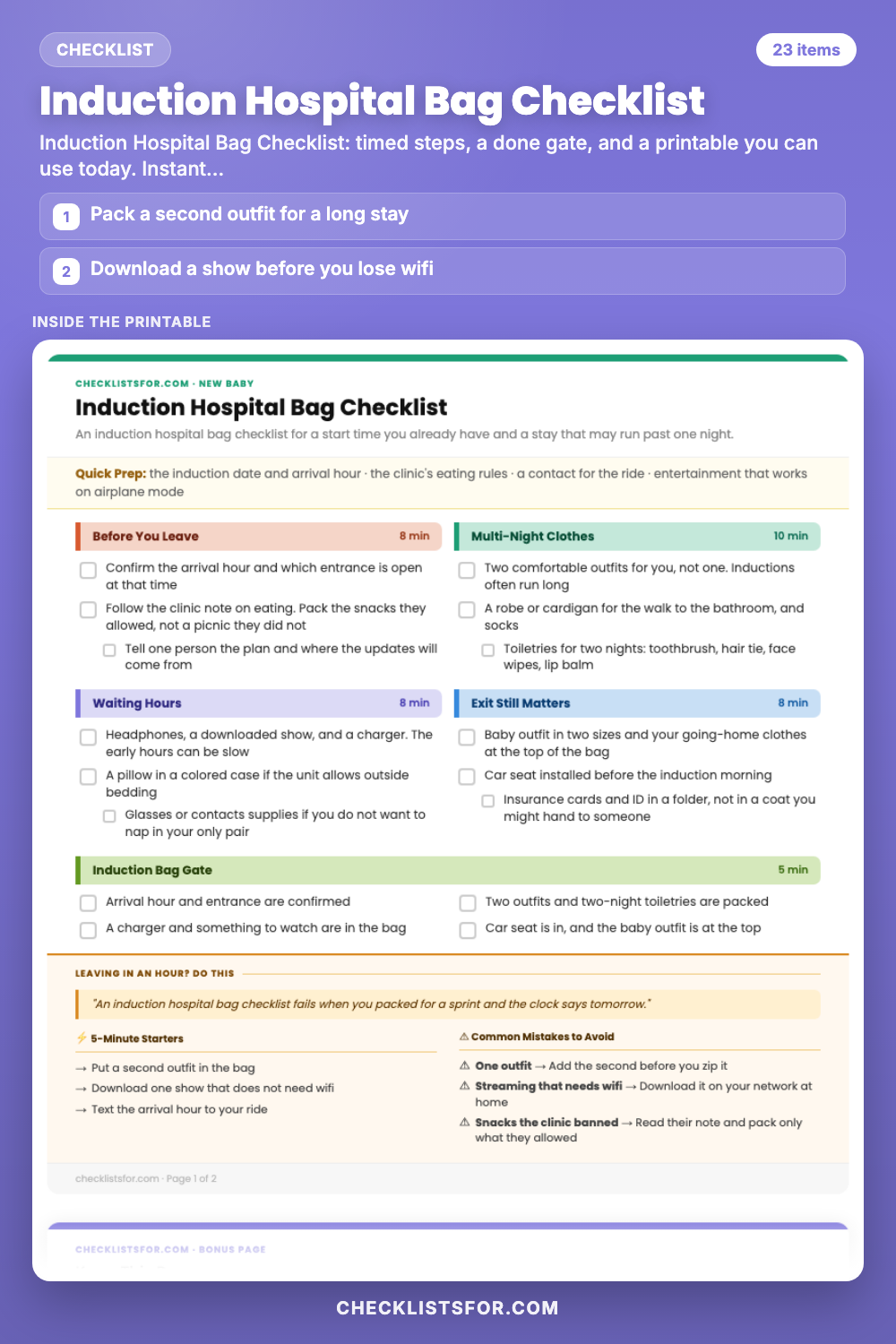 Induction Hospital Bag Checklist cover, interactive checklist