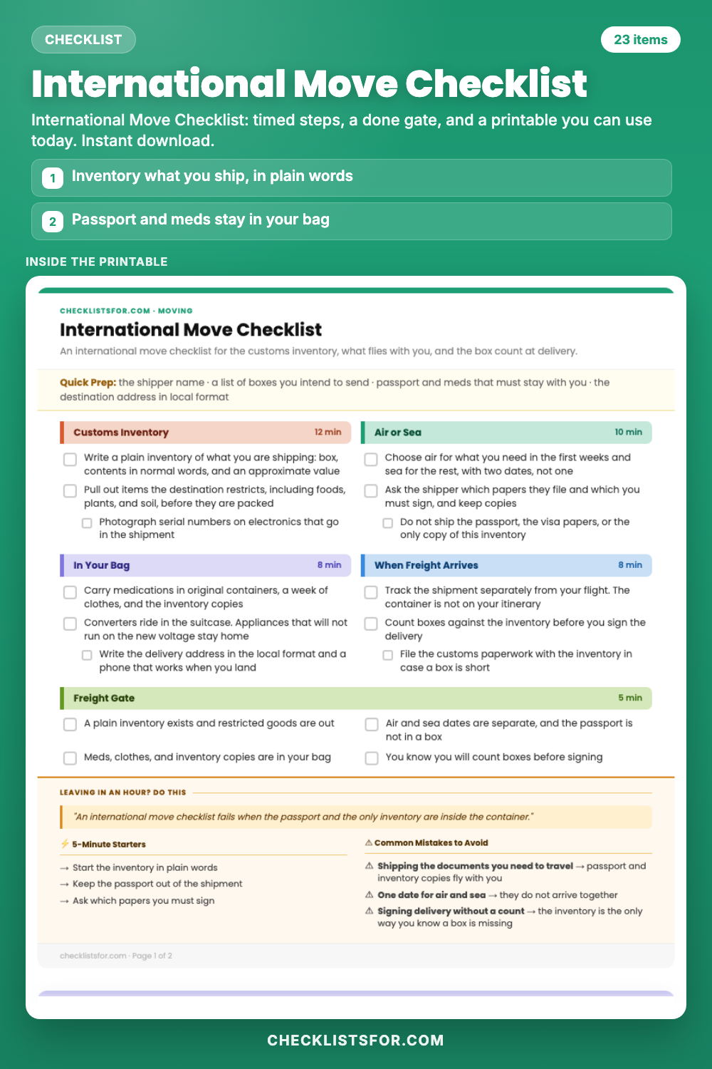 International Move Checklist cover, interactive checklist