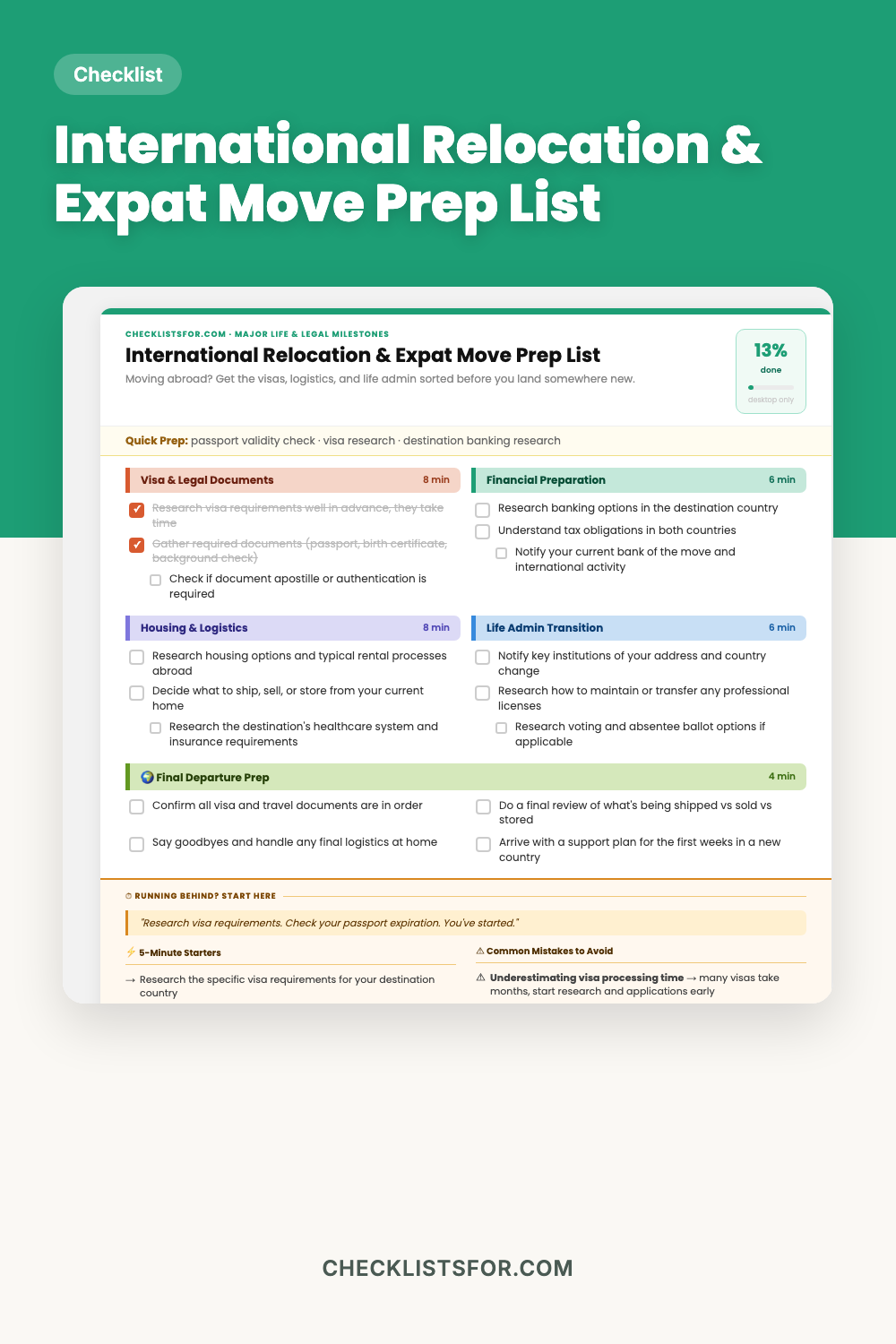 International Relocation & Expat Move Prep List cover, interactive checklist