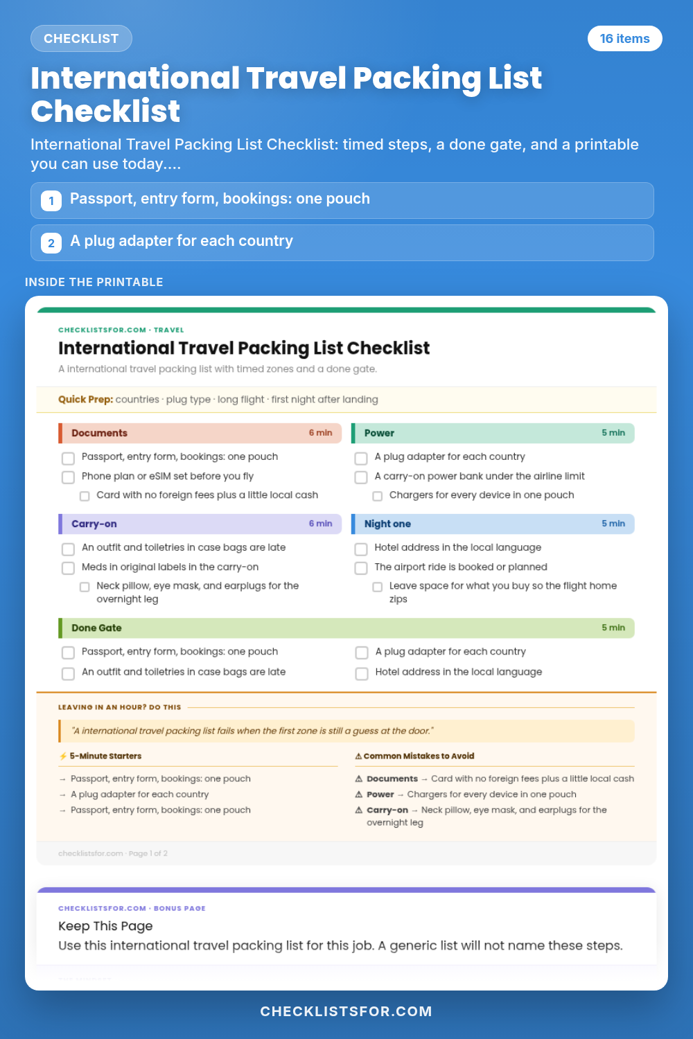 International Travel Packing List Checklist cover, interactive checklist