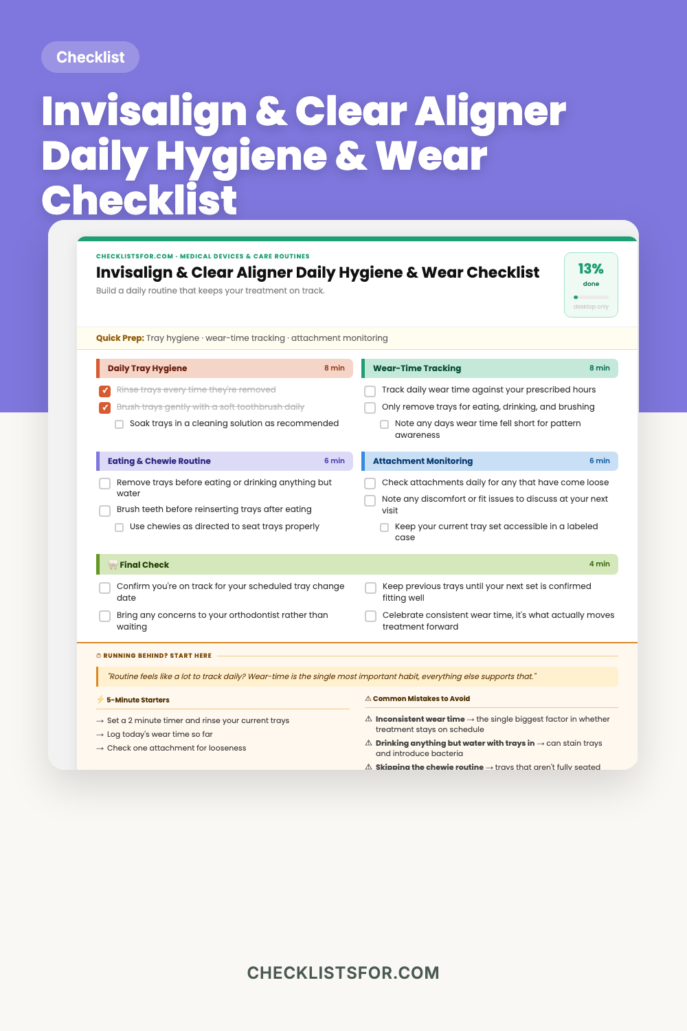 Invisalign & Clear Aligner Daily Hygiene & Tray Swap Schedule Checklist cover