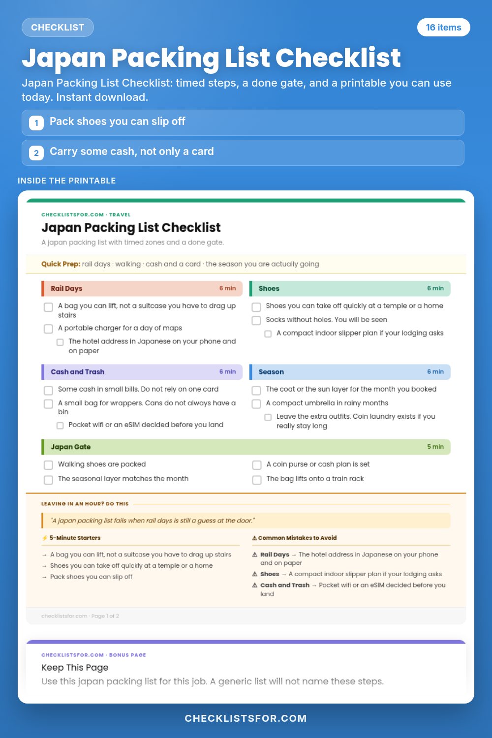 Japan Packing List Checklist cover, interactive checklist