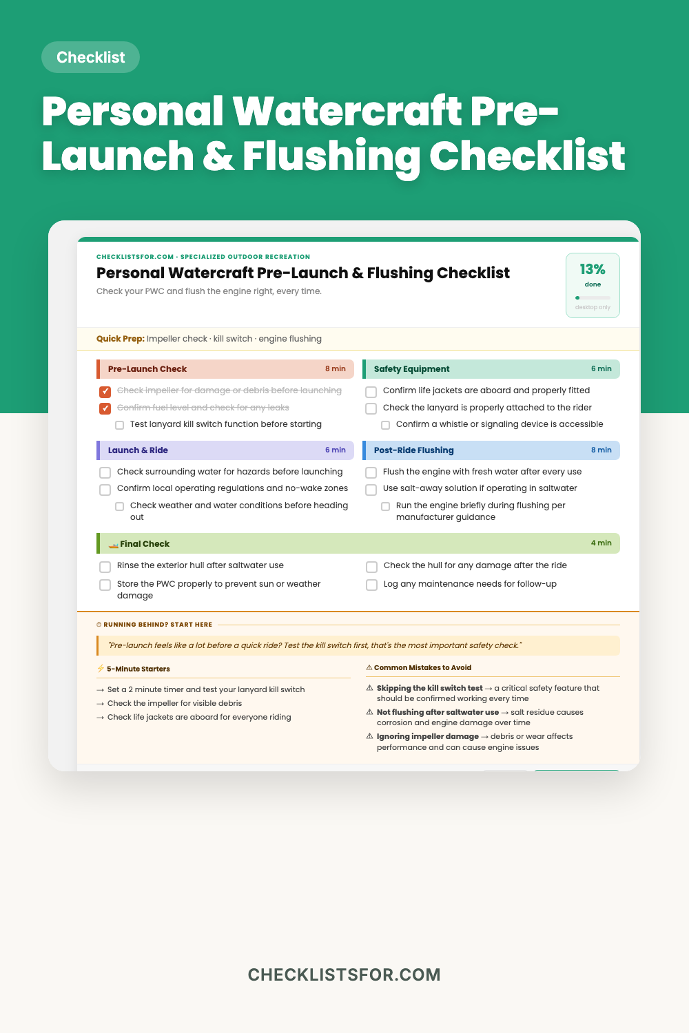 Personal Watercraft Pre-Launch & Flushing Protocol Checklist cover