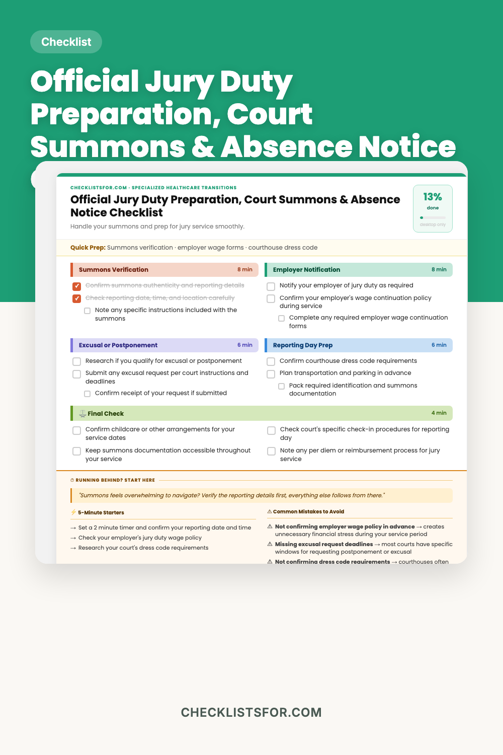 Official Jury Duty Preparation, Court Summons & Absence Notice Checklist