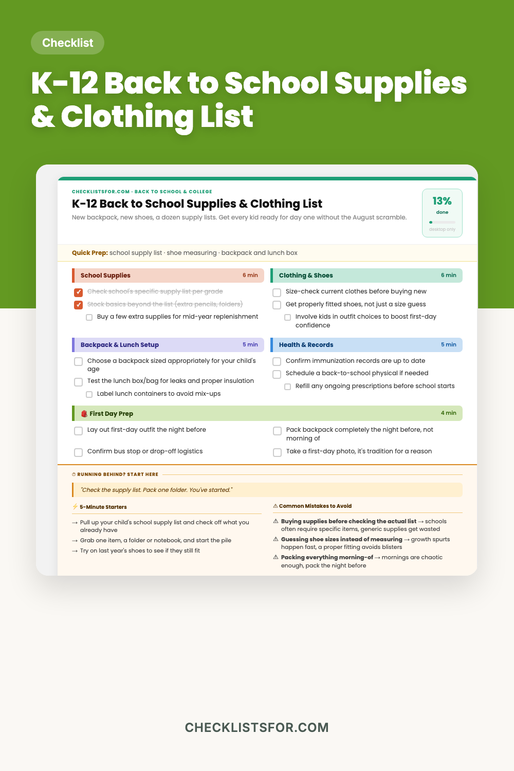 K-12 Back to School Supplies & Clothing List cover, interactive checklist