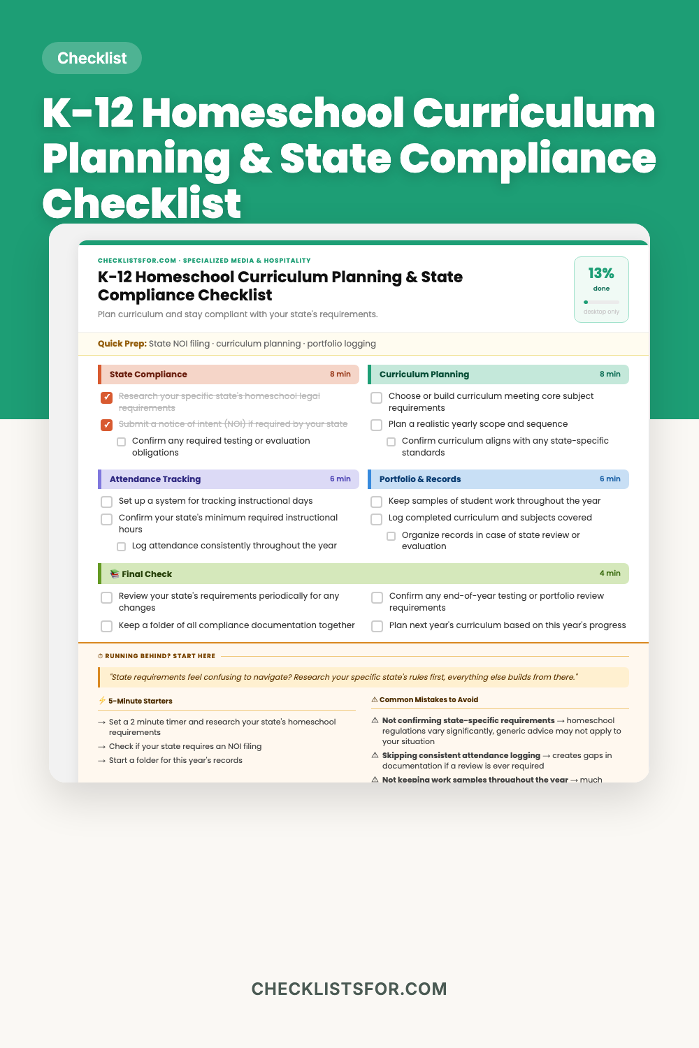 K-12 Homeschool Curriculum Planning & State Compliance Log Checklist cover