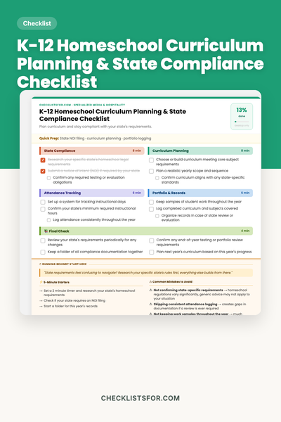 K-12 Homeschool Curriculum Planning & State Compliance Checklist
