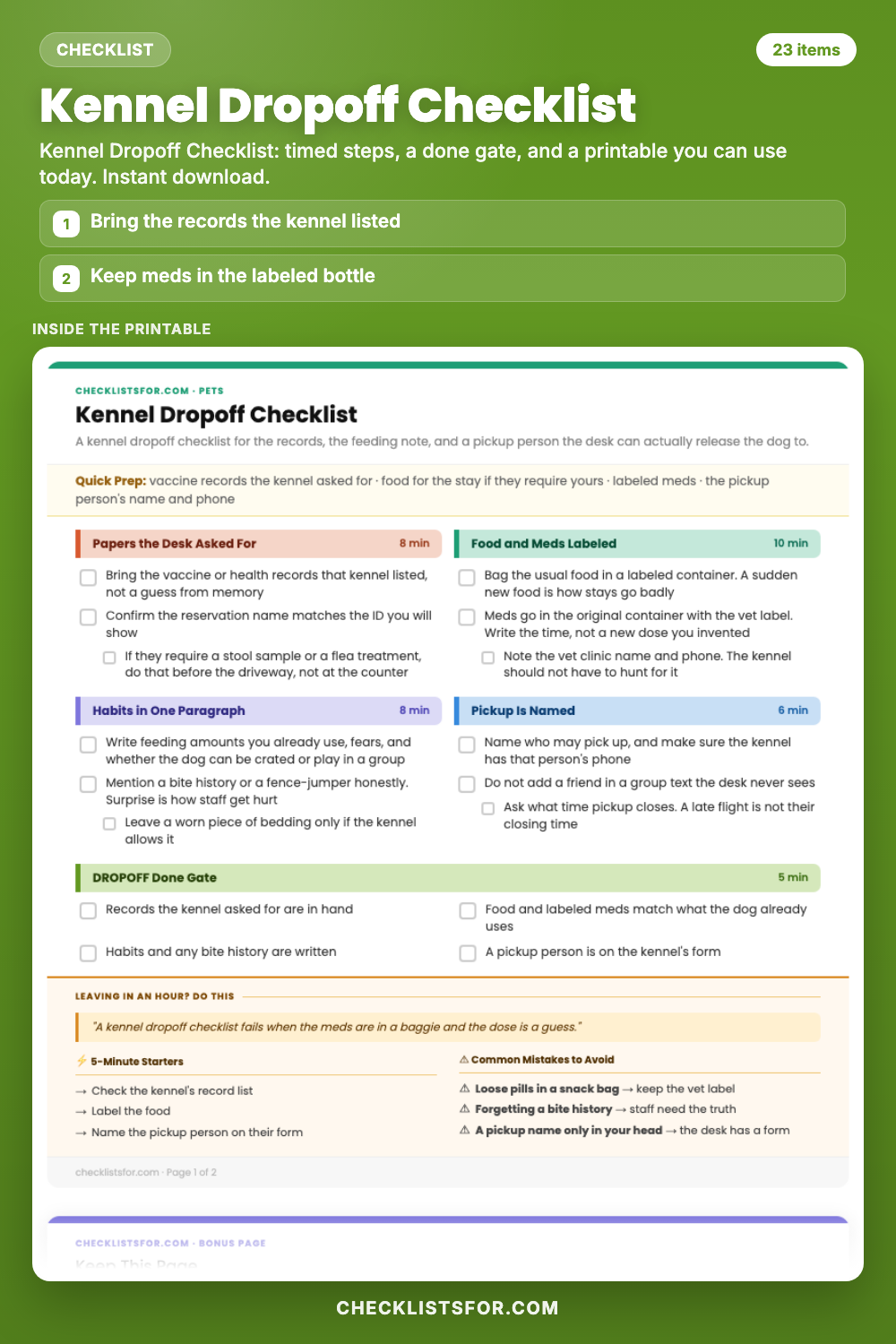Kennel Dropoff Checklist cover, interactive checklist