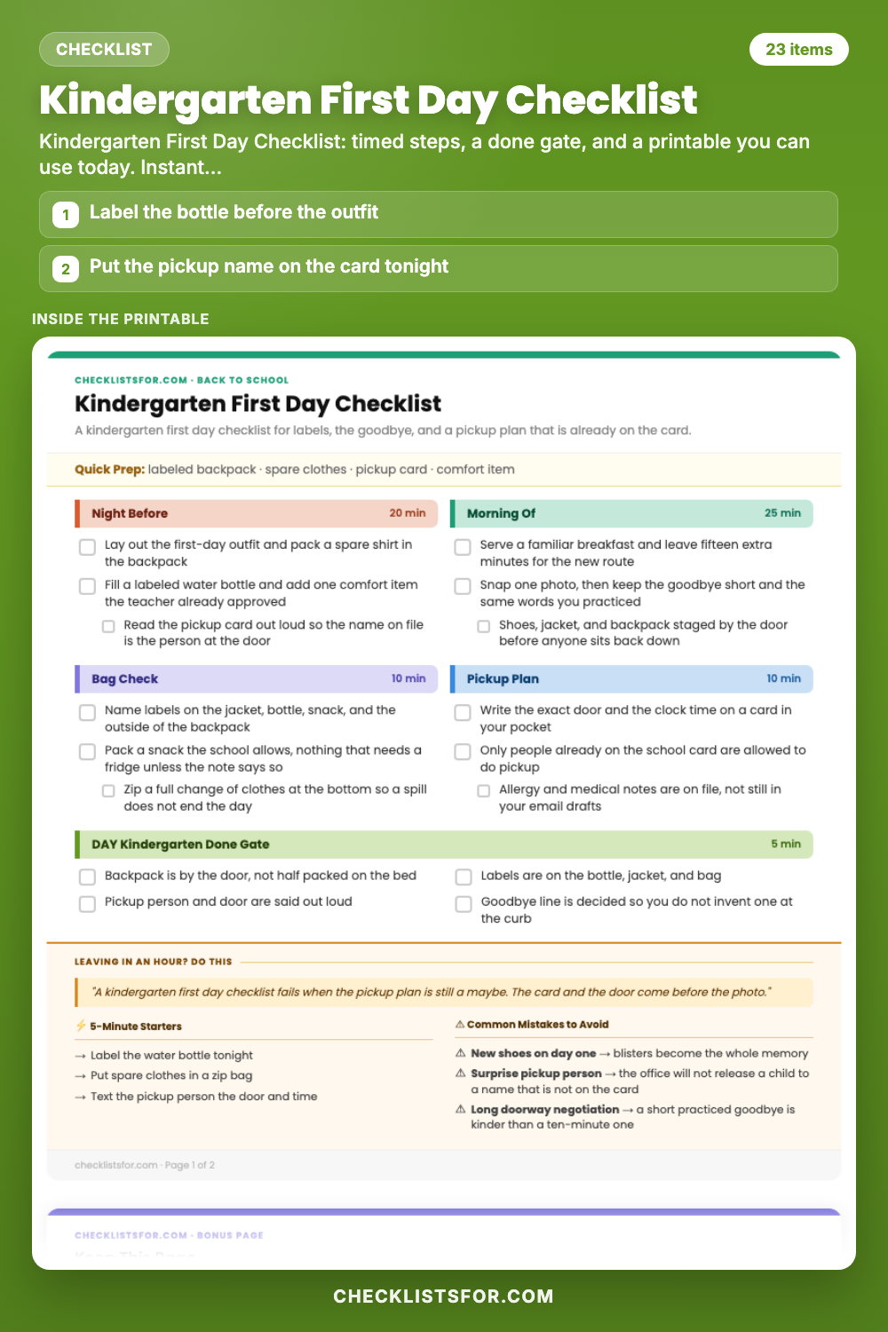 Kindergarten First Day Checklist cover, interactive checklist