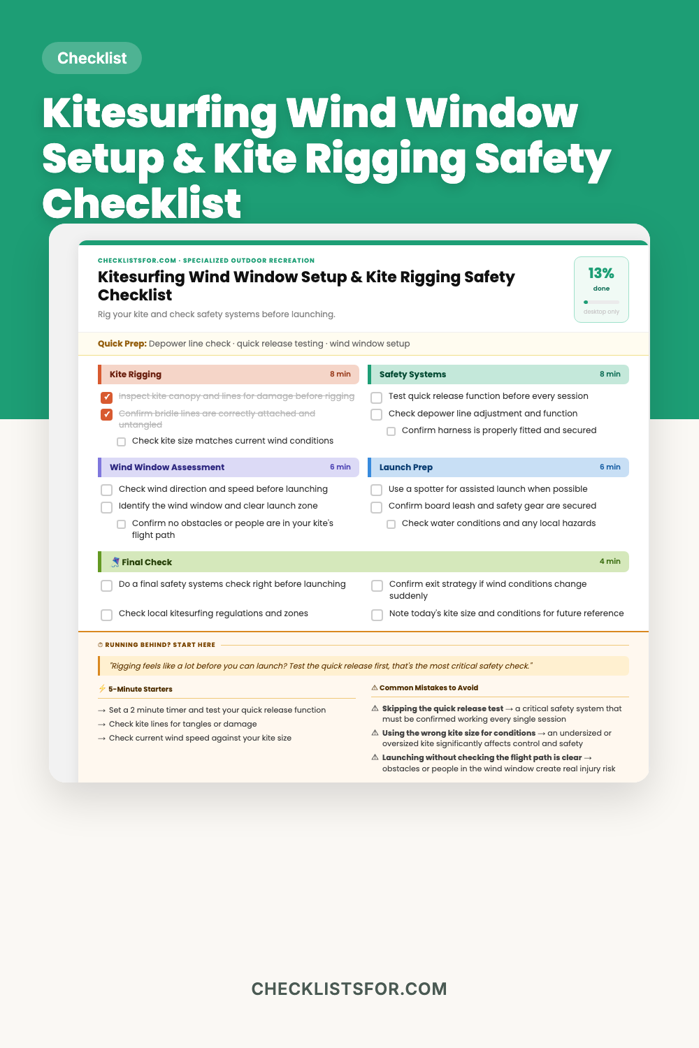 Kitesurfing Wind Window Setup & Kite Rigging Safety Checklist