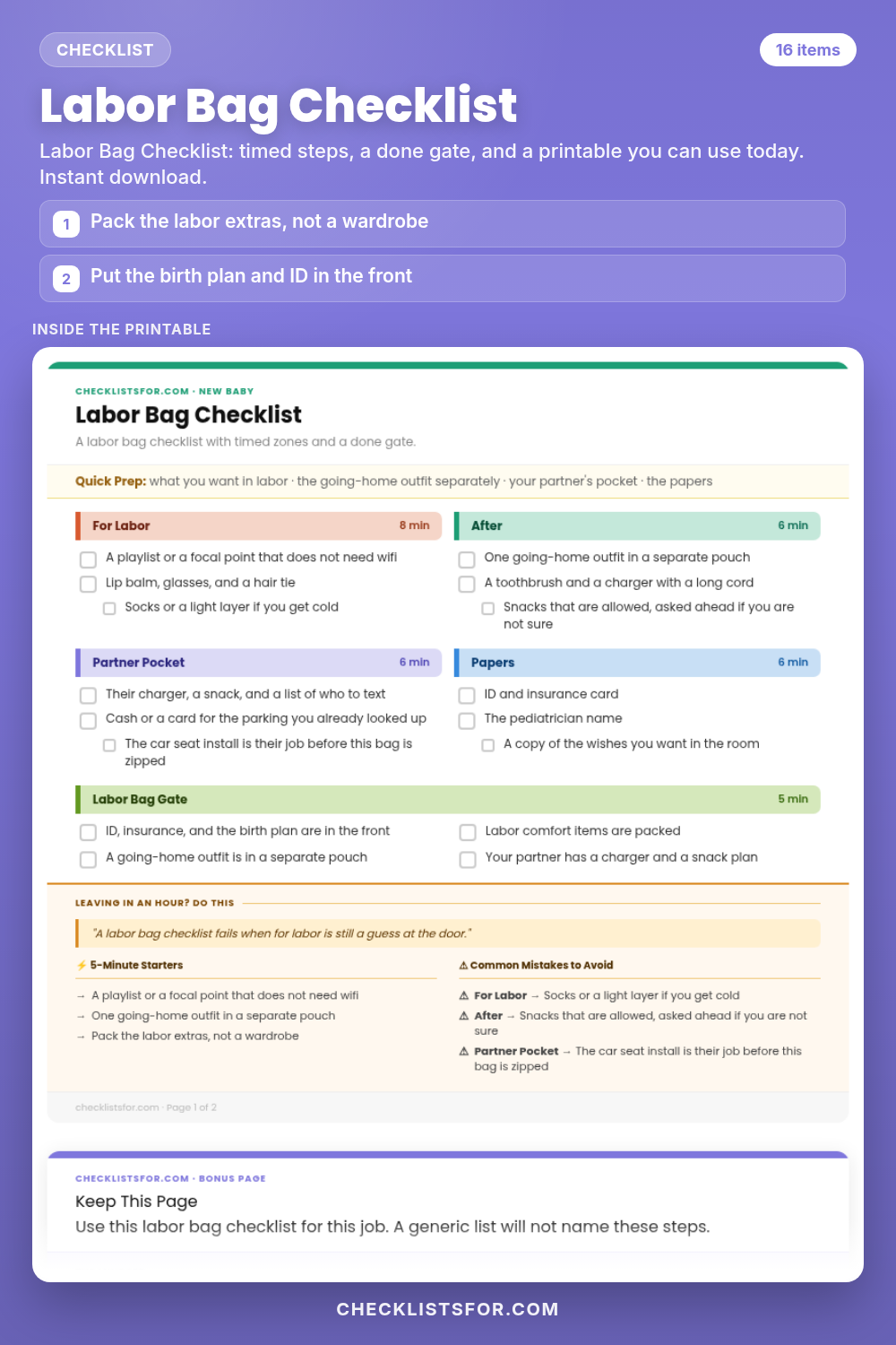 Labor Bag Checklist cover, interactive checklist