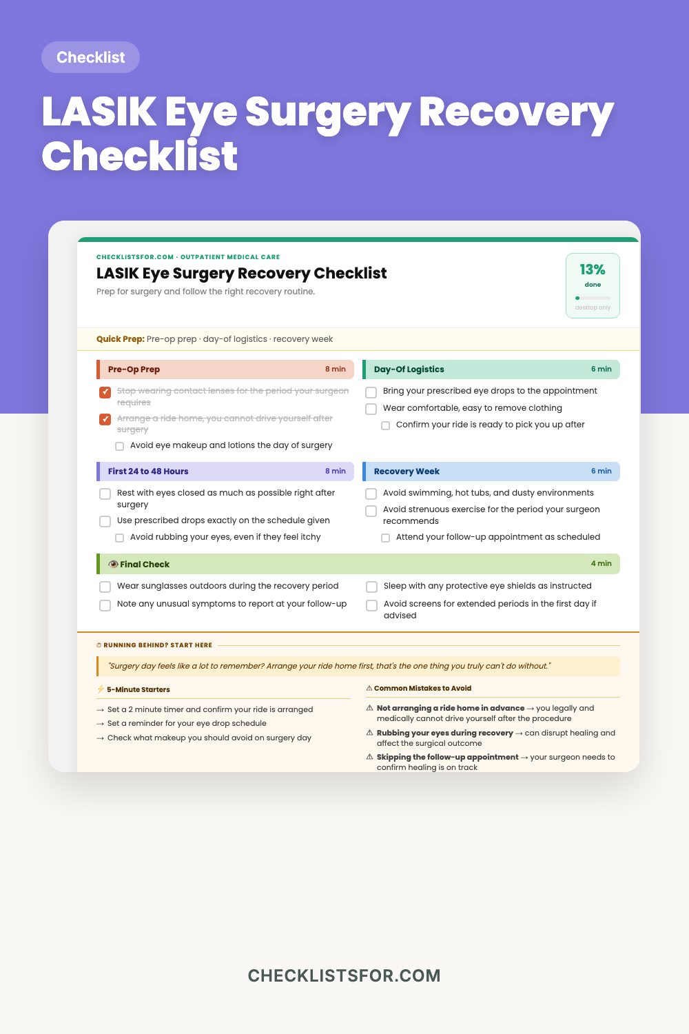 LASIK Eye Surgery Pre-Op Preparations & Post-Op Recovery Routine Checklist cover