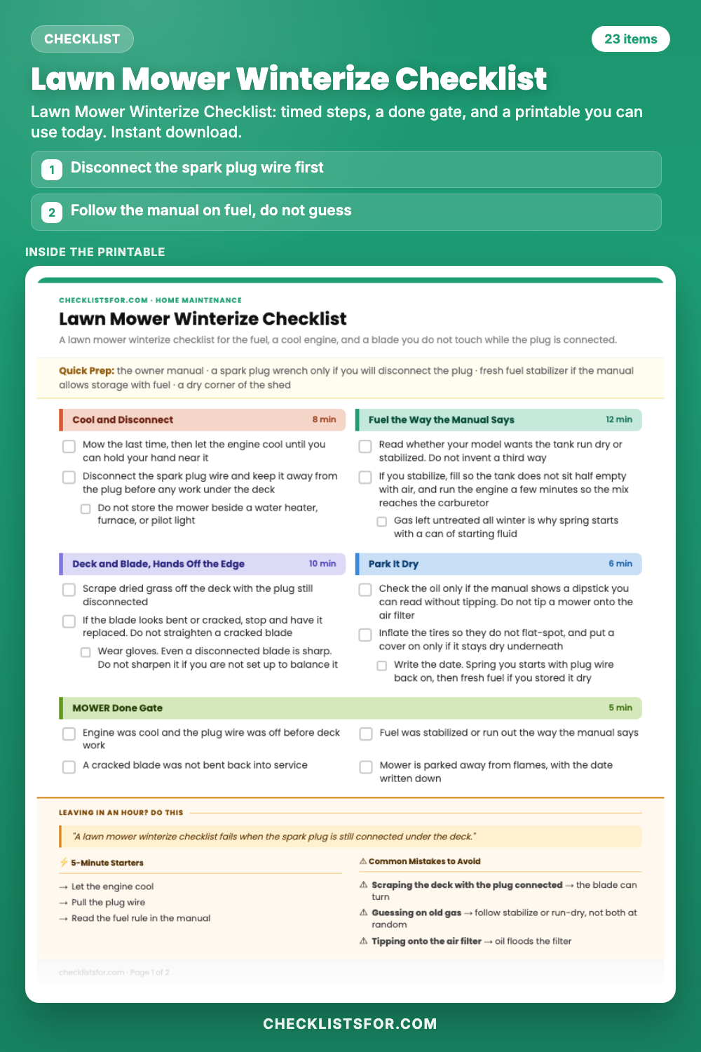 Lawn Mower Winterize Checklist cover, interactive checklist