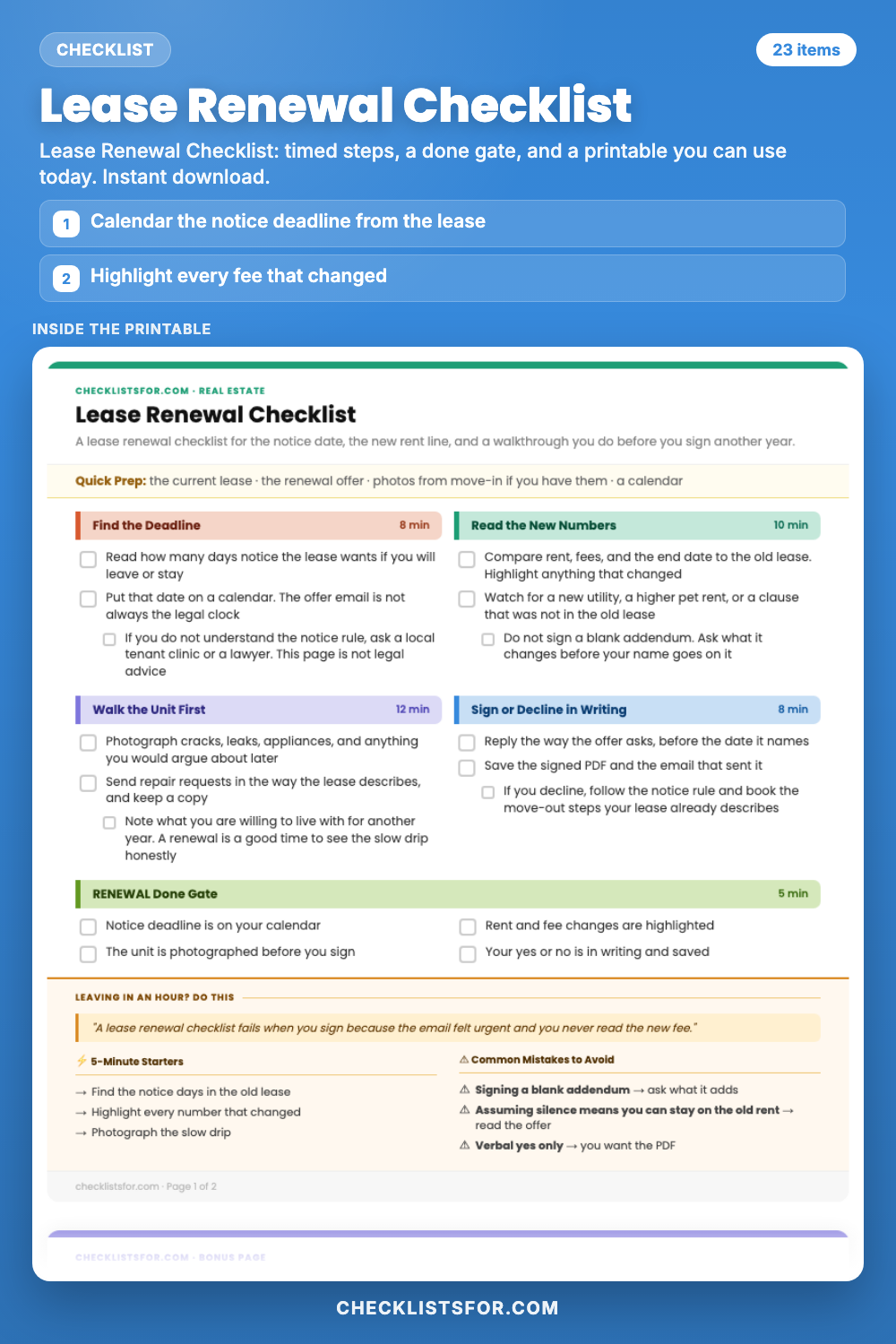 Lease Renewal Checklist cover, interactive checklist