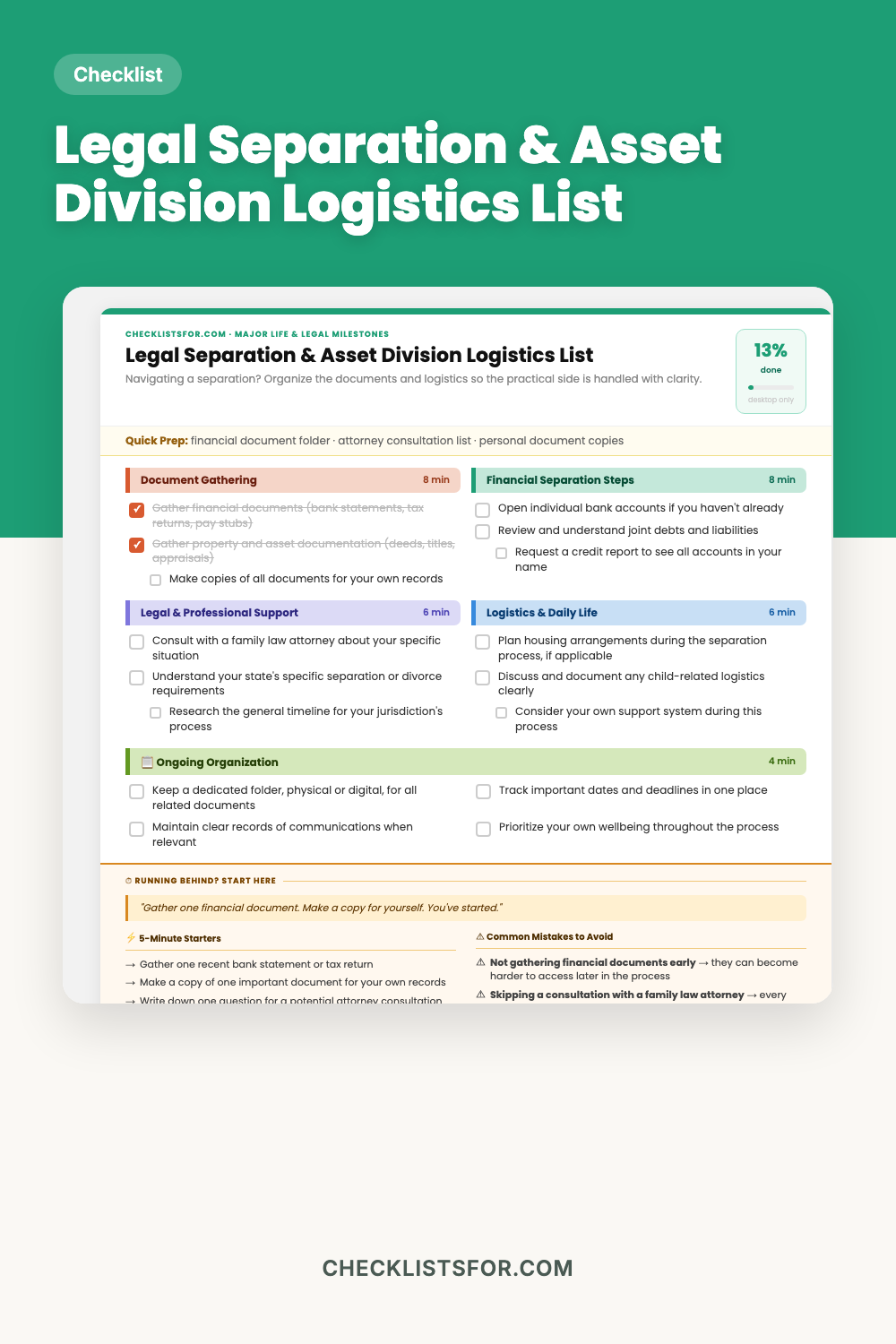 Legal Separation & Asset Division Logistics List cover, interactive checklist