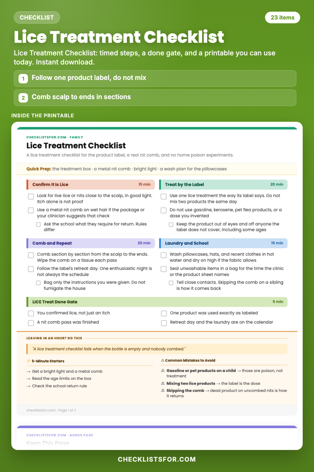 Lice Treatment Checklist