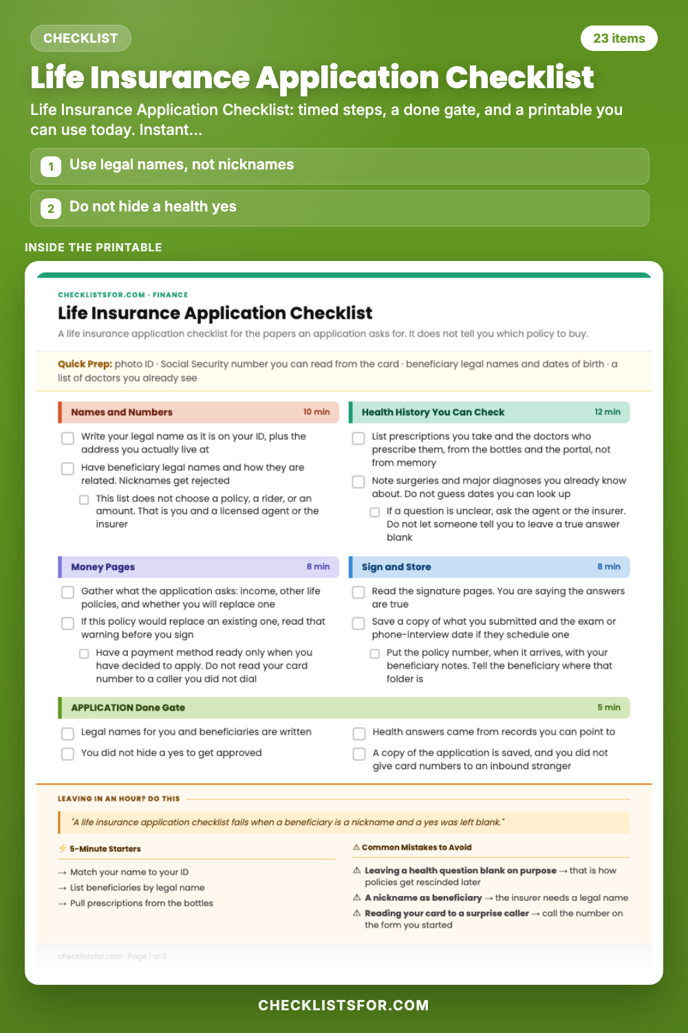 Life Insurance Application Checklist cover, interactive checklist