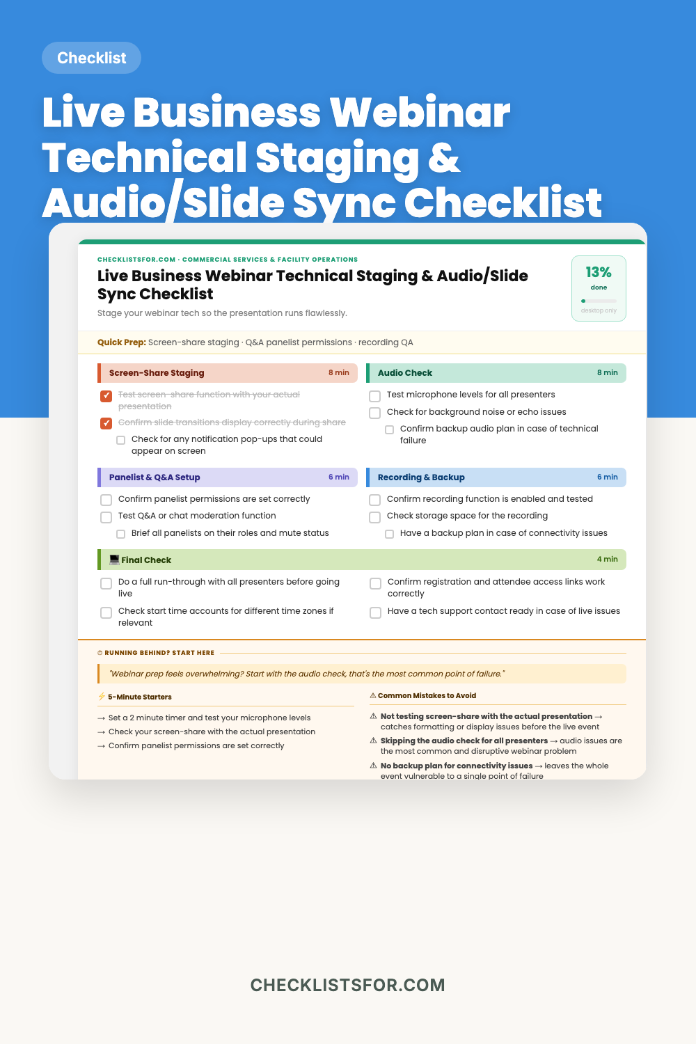Live Business Webinar Technical Staging & Audio/Slide Sync Checklist