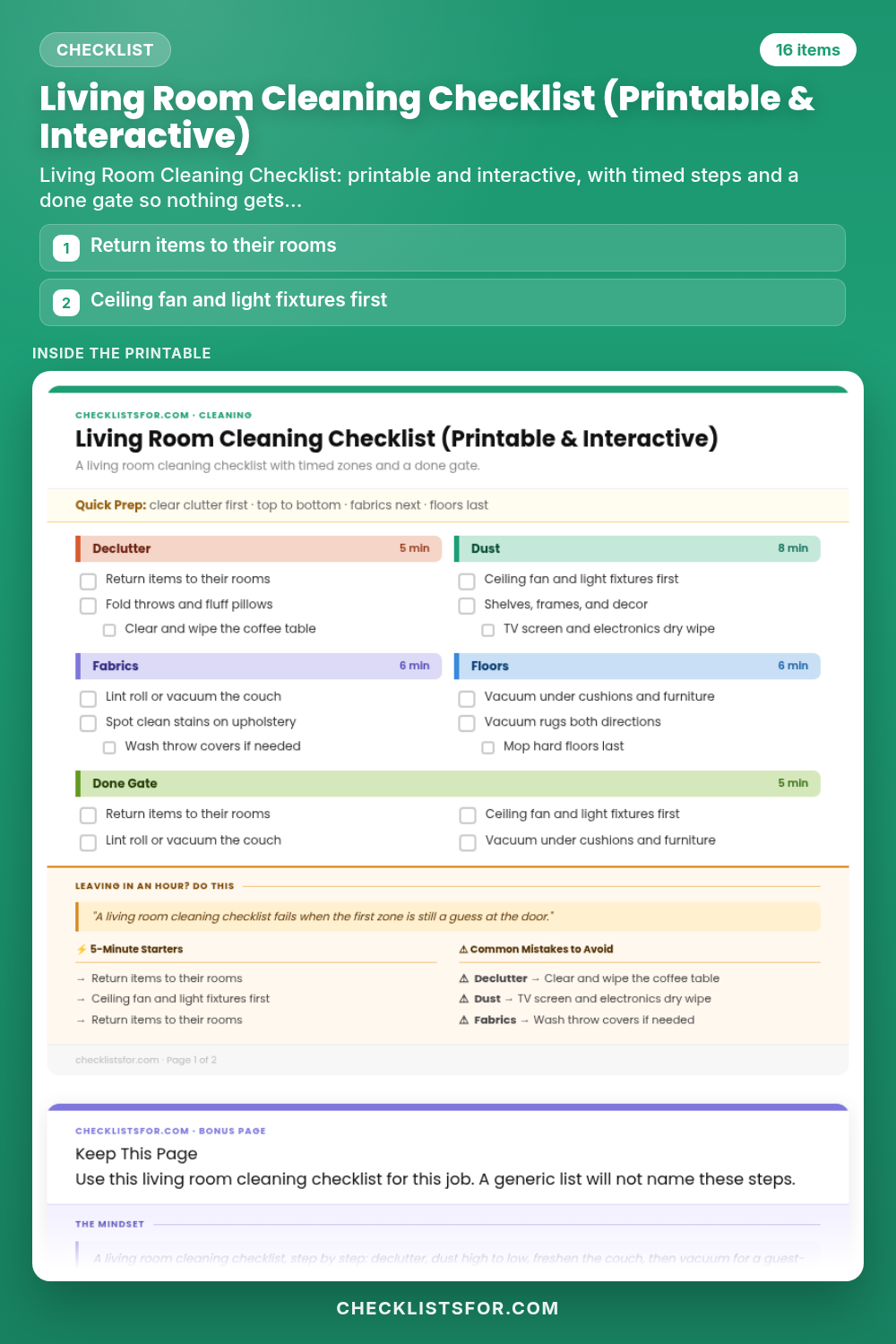 Living Room Cleaning Checklist (Printable & Interactive)