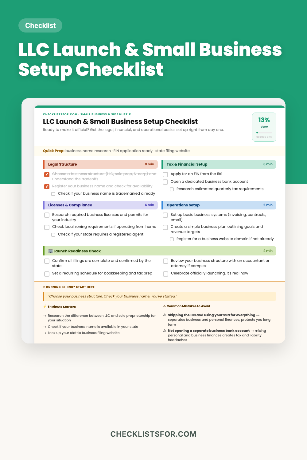 LLC Launch & Small Business Setup Checklist cover, interactive checklist