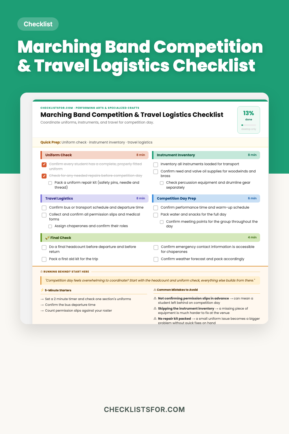 High School Marching Band Competition & Travel Logistics Checklist cover