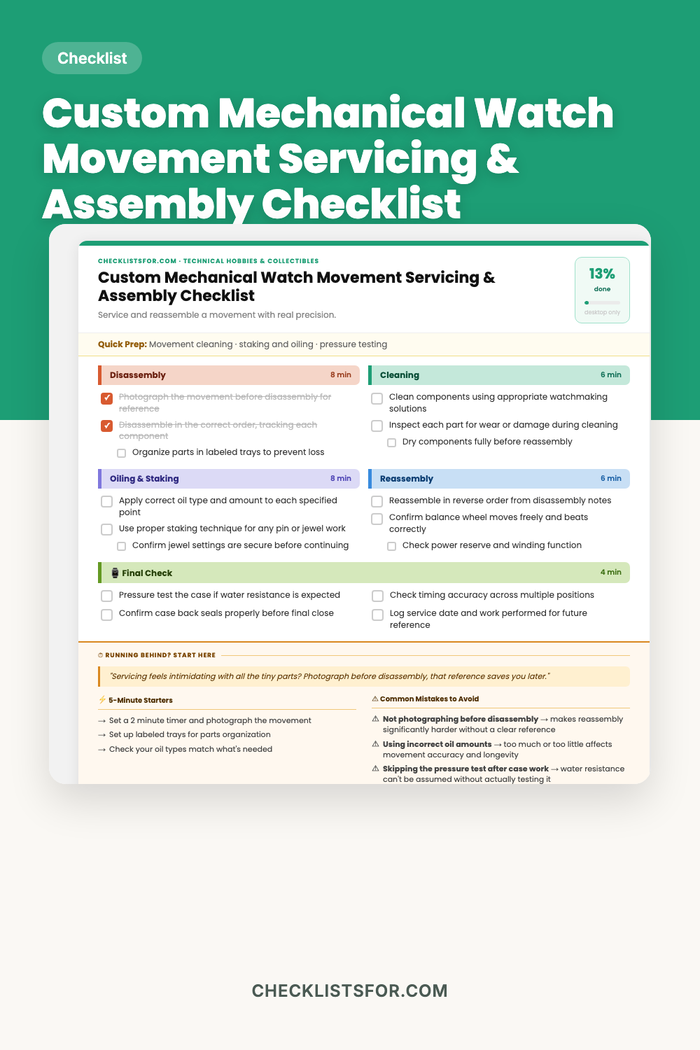 Custom Mechanical Watch Movement Servicing & Assembly Log Checklist cover