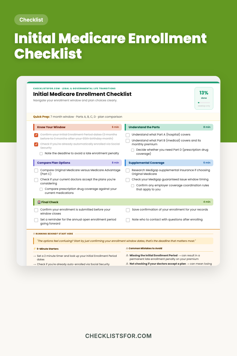 Initial Medicare Enrollment Window & Healthcare Plan Selection Checklist cover