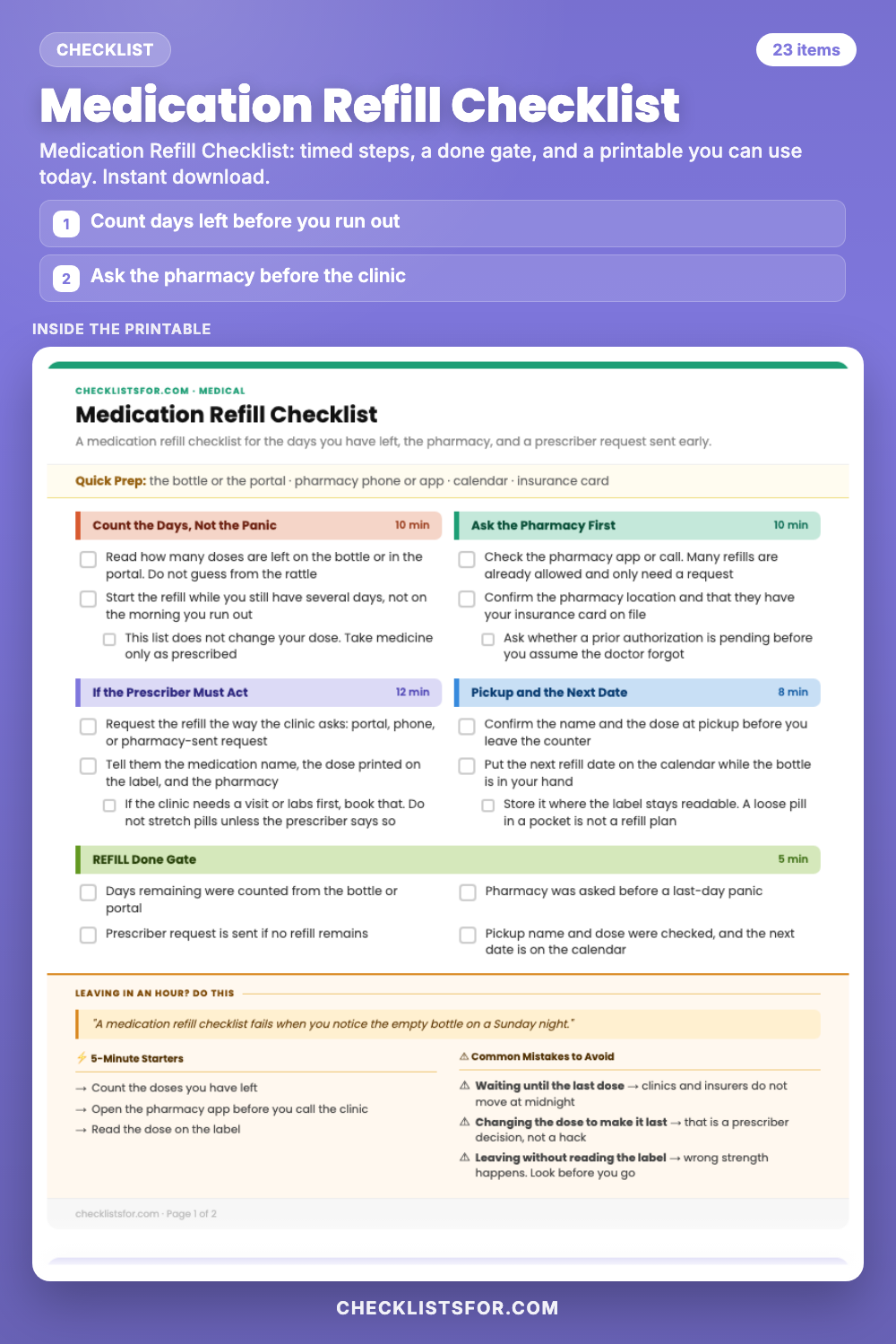 Medication Refill Checklist cover, interactive checklist