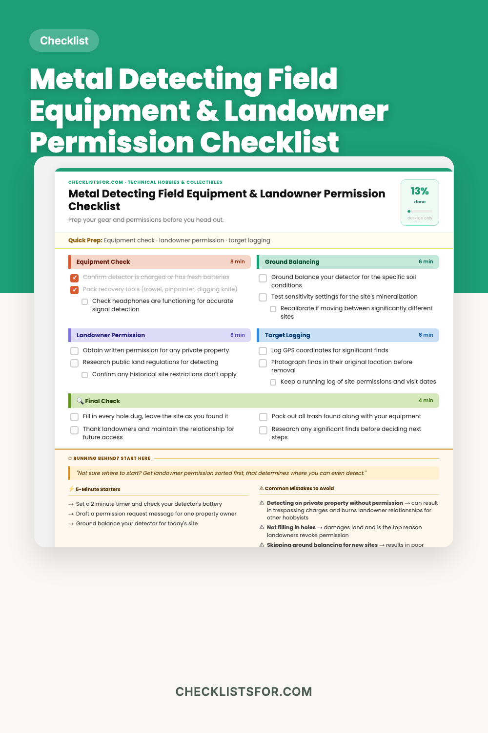 Metal Detecting Field Equipment & Landowner Permission Log Checklist cover